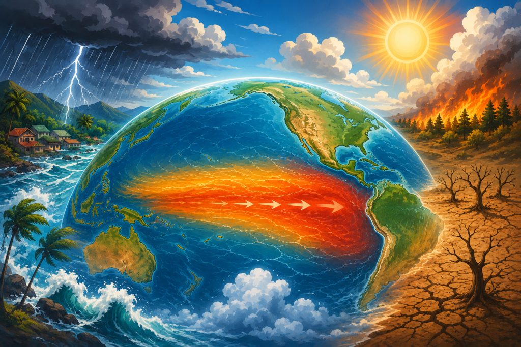 Cartoon-style globe showing the Pacific Ocean warming during El Niño, with storm clouds and heavy rain on one side and heat, drought, and wildfire on the other.