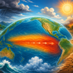 Cartoon-style globe showing the Pacific Ocean warming during El Niño, with storm clouds and heavy rain on one side and heat, drought, and wildfire on the other.