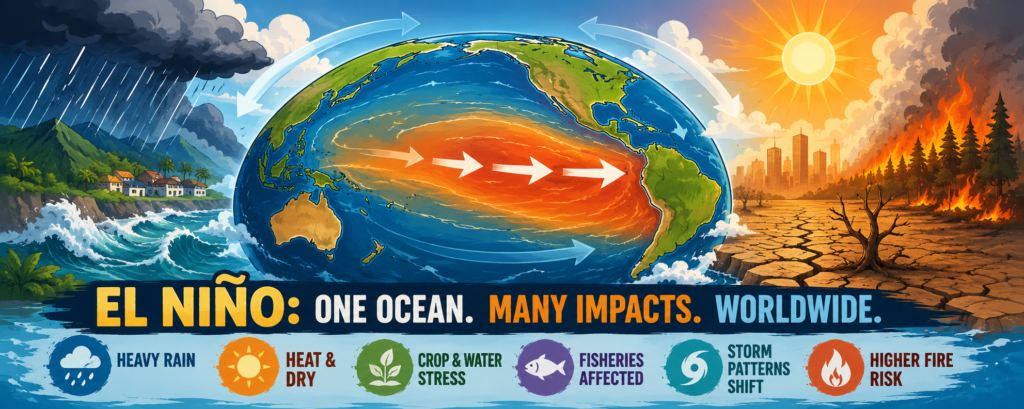 Wide cartoon banner showing a glowing warm Pacific Ocean between the Americas and Asia, surrounded by heavy rain, ocean waves, sunshine, drought, and wildfire to represent El Niño’s worldwide effects.