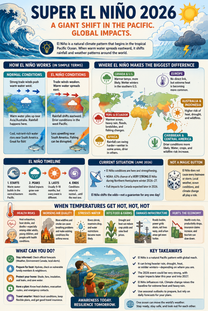 Super El Niño 2026 infographic explaining how warm Pacific water shifts global weather, affects regions such as Peru, Australia, Canada, and Africa, and increases risks from extreme heat, smoke, drought, flooding, and infrastructure stress.