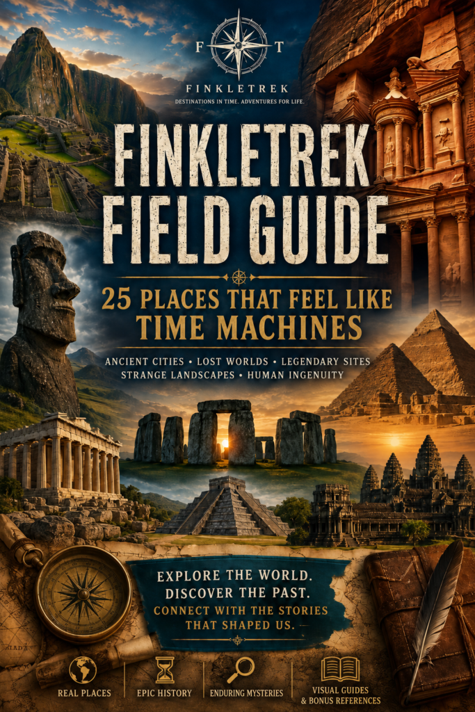 FinkleTrek Field Guide PDF cover featuring ancient landmarks, ruins, pyramids, Stonehenge, Petra, Easter Island, and world history travel imagery.