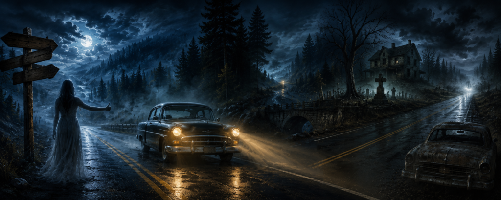 Wide nighttime scene of a foggy forest road with vintage cars, a ghostly hitchhiker, an abandoned house, cemetery markers, and moonlit clouds.
