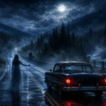 Moonlit Canadian mountain road in heavy fog, with a vintage car stopped near a ghostly hitchhiker beside the wet pavement.