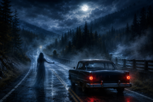Moonlit Canadian mountain road in heavy fog, with a vintage car stopped near a ghostly hitchhiker beside the wet pavement.