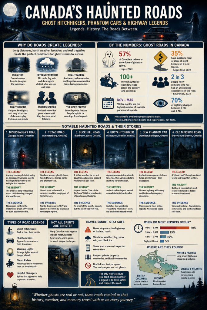 Canada’s haunted roads infographic comparing ghost hitchhiker and phantom-car legends with local history, evidence, weather risks, road safety reminders, and notable locations in Ontario and British Columbia.
