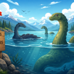 Cartoony illustration of Canada’s legendary water monsters rising from a clear mountain lake, with evergreen forests, snowy peaks, and a Canadian flag.