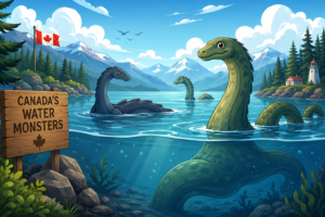 Cartoony illustration of Canada’s legendary water monsters rising from a clear mountain lake, with evergreen forests, snowy peaks, and a Canadian flag.
