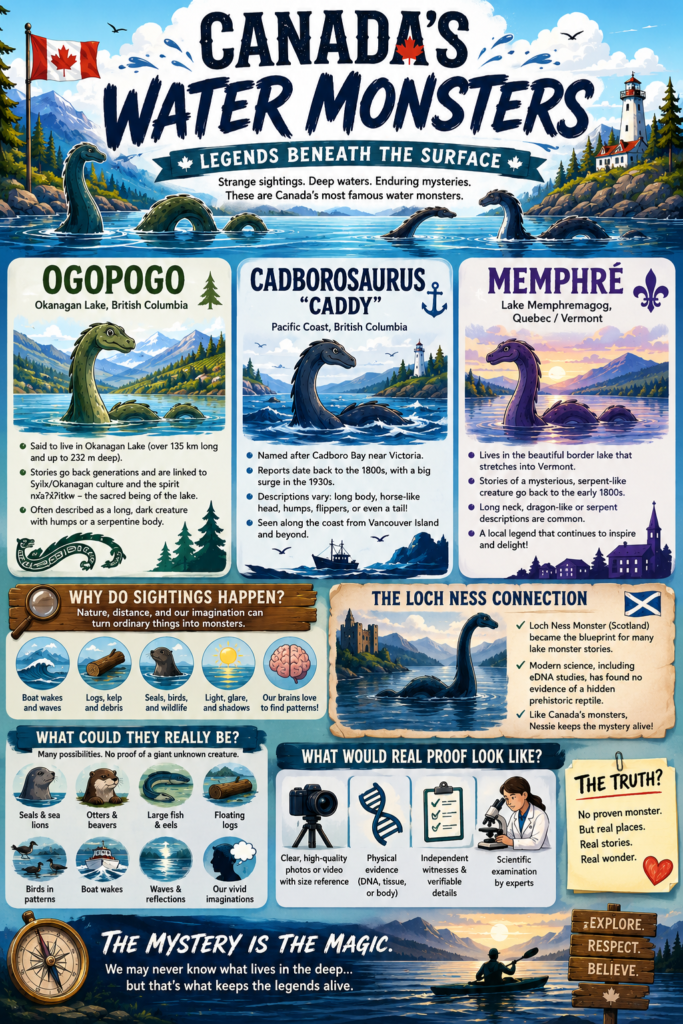 Colourful infographic comparing Canada’s water monster legends Ogopogo, Cadborosaurus, and Memphré, with their locations, possible sighting explanations, the Loch Ness connection, and what real proof would require.