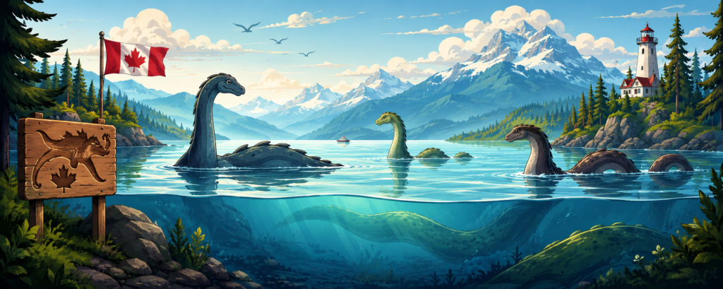 Wide illustrated banner of serpent-like Canadian water monsters in a bright mountain lake, with pine forests, a lighthouse, and a large creature visible beneath the water.