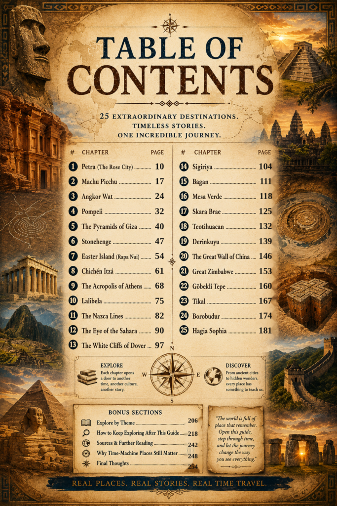 Table of contents preview for the FinkleTrek Field Guide showing 25 ancient places, lost cities, ruins, landmarks, and bonus sections.