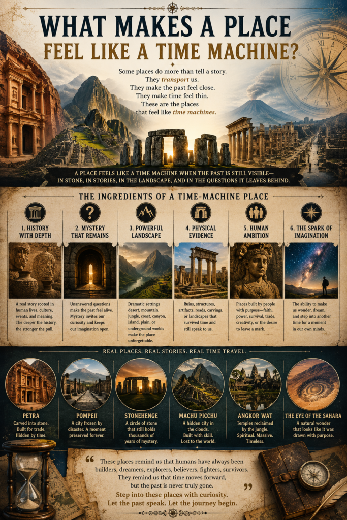 Visual guide explaining what makes ancient places feel like time machines, including history, mystery, landscapes, ruins, human ambition, and imagination.