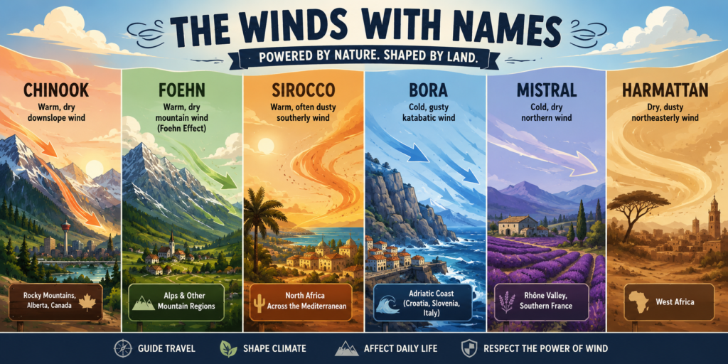 Wide illustrated banner comparing six named winds: Chinook, Foehn, Sirocco, Bora, Mistral, and Harmattan, each shown in its regional landscape.