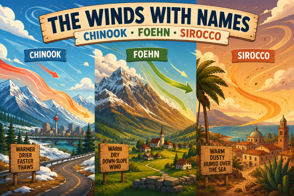 Cartoony three-panel illustration of Chinook, Foehn, and Sirocco winds moving across Canadian mountains, Alpine valleys, and a dusty Mediterranean coast.