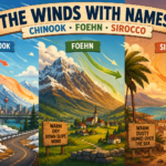 Cartoony three-panel illustration of Chinook, Foehn, and Sirocco winds moving across Canadian mountains, Alpine valleys, and a dusty Mediterranean coast.
