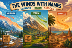 Cartoony three-panel illustration of Chinook, Foehn, and Sirocco winds moving across Canadian mountains, Alpine valleys, and a dusty Mediterranean coast.