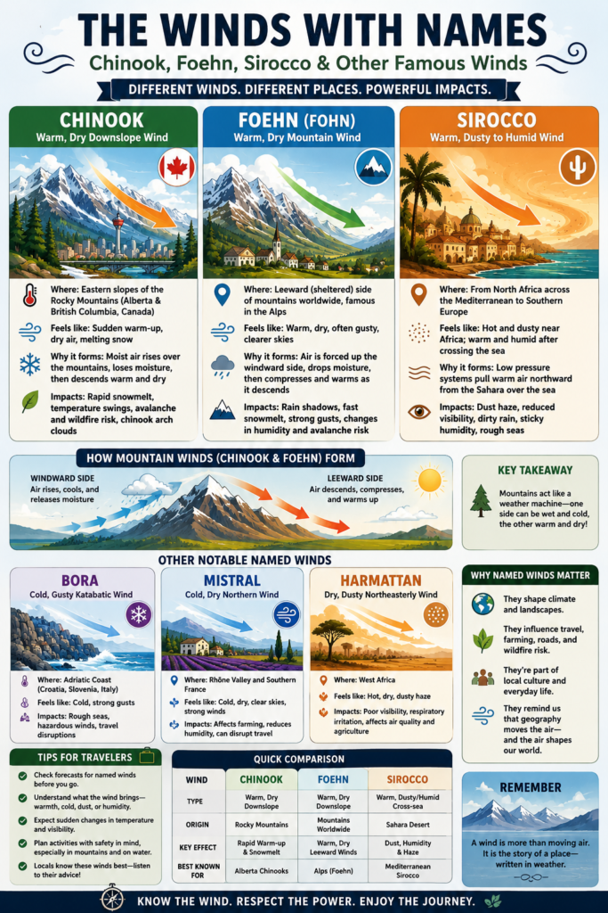 Colourful infographic explaining how Chinook, Foehn, and Sirocco winds form, where they occur, their effects, and how other named winds such as Bora, Mistral, and Harmattan compare.