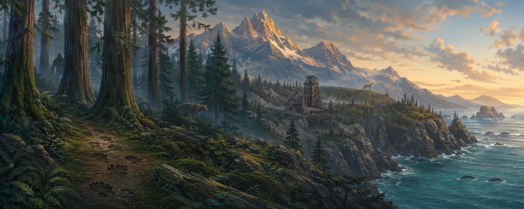 Wide illustrated panorama of Sasquatch, a cougar, a white Waheela, mysterious tracks, and sea-serpent humps in the Canadian wilderness.