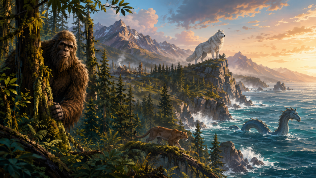 Cartoon illustration of Sasquatch, a white Waheela, a cougar, and Cadborosaurus across Canada’s forests, mountains, and Pacific coast.