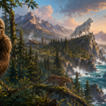 Cartoon illustration of Sasquatch, a white Waheela, a cougar, and Cadborosaurus across Canada’s forests, mountains, and Pacific coast.