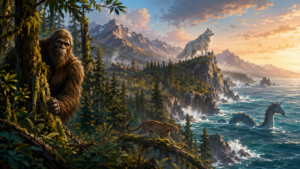 Cartoon illustration of Sasquatch, a white Waheela, a cougar, and Cadborosaurus across Canada’s forests, mountains, and Pacific coast.