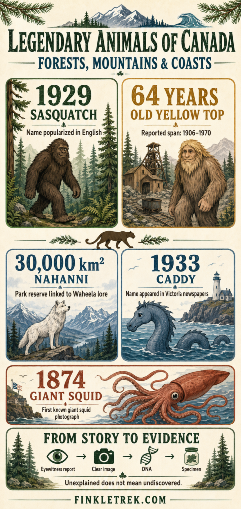 Infographic summarizing Sasquatch, Old Yellow Top, the Waheela, Caddy, and the giant squid with key dates, locations, and evidence standards.