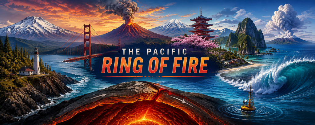 Wide illustrated Pacific Ring of Fire landscape featuring erupting volcanoes, snow-capped mountains, island coastlines, tectonic plates, and a powerful ocean wave.