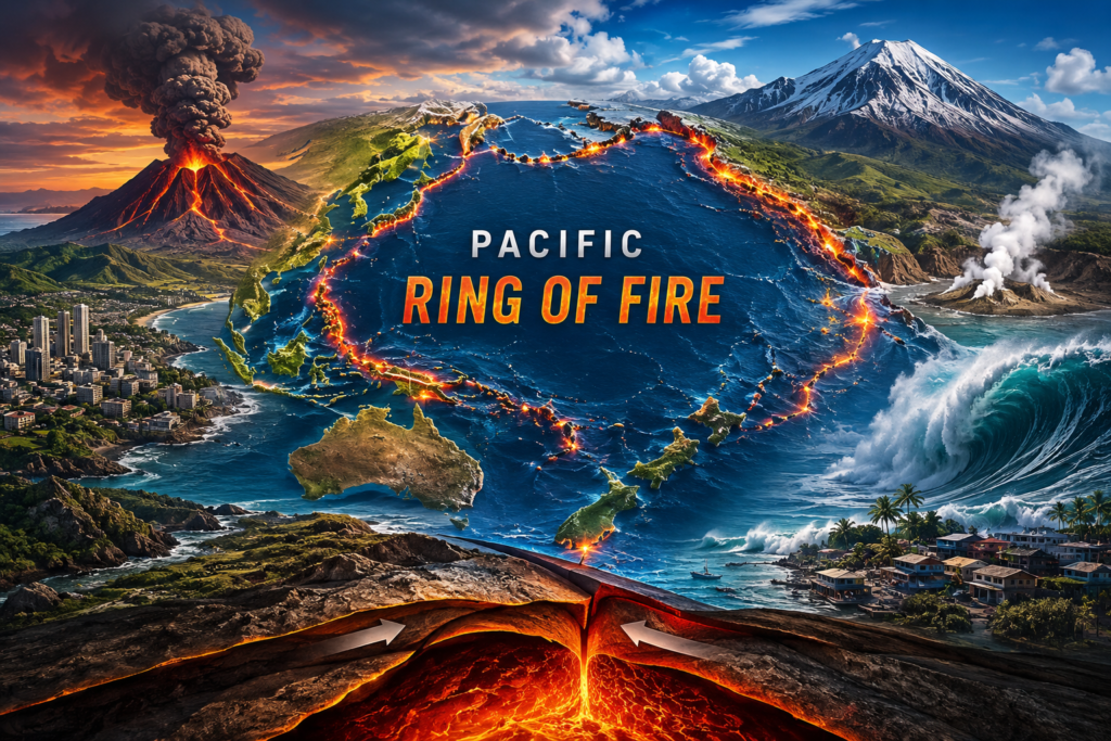 Illustrated map of the Pacific Ring of Fire showing volcanic eruptions, glowing plate boundaries, mountains, coastal cities, and tsunami waves around the Pacific Ocean.