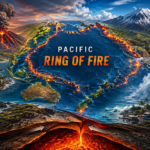 Illustrated map of the Pacific Ring of Fire showing volcanic eruptions, glowing plate boundaries, mountains, coastal cities, and tsunami waves around the Pacific Ocean.