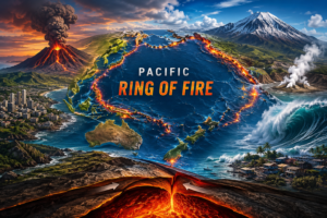 Illustrated map of the Pacific Ring of Fire showing volcanic eruptions, glowing plate boundaries, mountains, coastal cities, and tsunami waves around the Pacific Ocean.