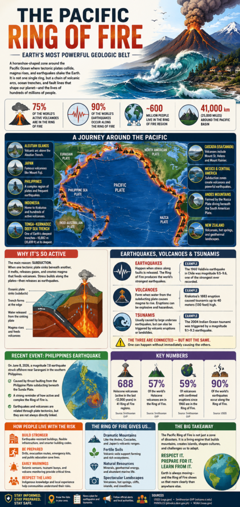 Portrait infographic explaining the Pacific Ring of Fire, including a map of major tectonic zones, subduction, volcanoes, earthquakes, tsunamis, the Philippines, and Ring of Fire safety facts.
