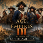 Age of Empires III-inspired colonial North America scene with European and Indigenous civilizations competing across a historic map.