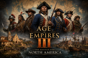 Age of Empires III-inspired colonial North America scene with European and Indigenous civilizations competing across a historic map.