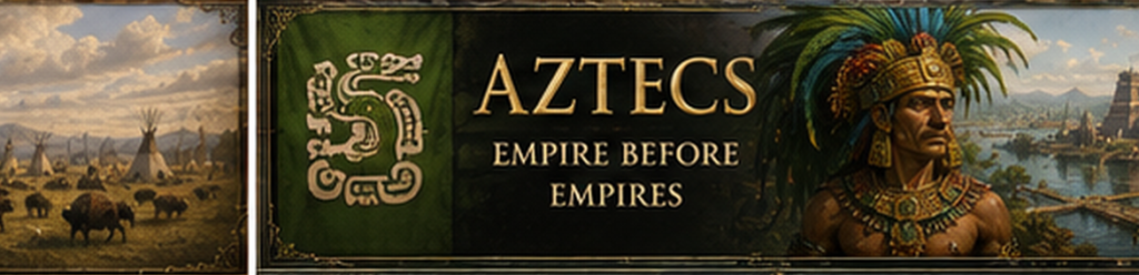 Aztec civilization with warrior, monumental temples, Tenochtitlan-inspired cityscape, and central Mexican landscape.