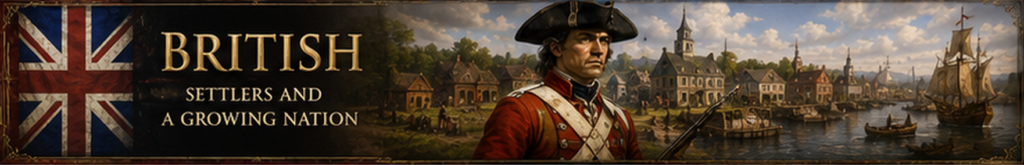 British colonial America with redcoat soldier, growing Atlantic settlement, harbor, ships, and colonial town.