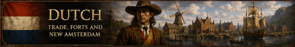 Dutch New Netherland colony with trader, New Amsterdam harbor, windmill, ships, and Dutch colonial settlement.