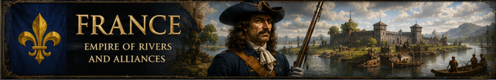 French colonial North America with French soldier, river trade routes, forts, and New France frontier settlements.