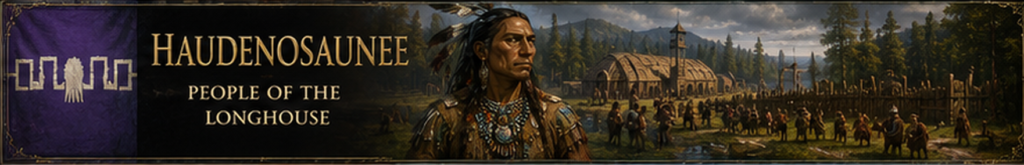 Haudenosaunee civilization in northeastern North America with Indigenous leader, longhouses, forest landscape, and community settlement.