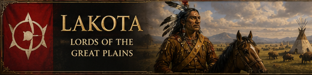 Lakota civilization on the Great Plains with mounted warrior, bison, tipis, and expansive North American prairie.
