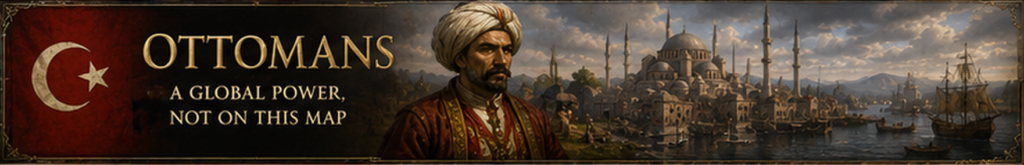 Ottoman Empire scene with Ottoman figure, imperial city, mosque skyline, and maritime trade representing a global power outside North America.