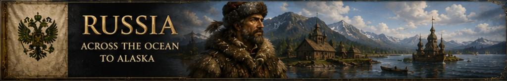 Russian America in Alaska with fur trader, mountain landscape, coastal settlement, ships, and Russian imperial imagery.