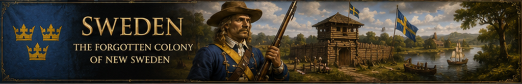 New Sweden colony in North America with Swedish soldier, frontier fort, Delaware River settlement, and Swedish flag.