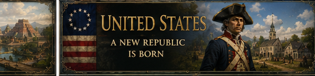Early United States civilization with revolutionary-era soldier, American flag, colonial town, and emerging republic.