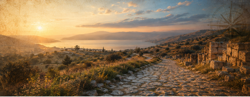 Ancient stone road winding through the hills beside the Sea of Galilee at sunset, representing travel through the lands of the Bible.