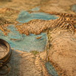 Antique map of the biblical world showing the Mediterranean, North Africa and the Middle East, with a vintage compass representing the geography of the Bible.