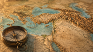 Antique map of the biblical world showing the Mediterranean, North Africa and the Middle East, with a vintage compass representing the geography of the Bible.