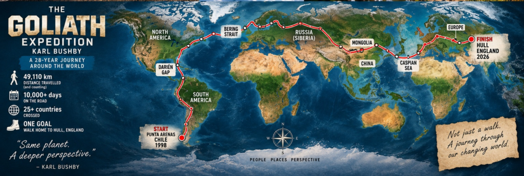 Goliath Expedition route map showing Karl Bushby’s journey from Punta Arenas, Chile, to Hull, England