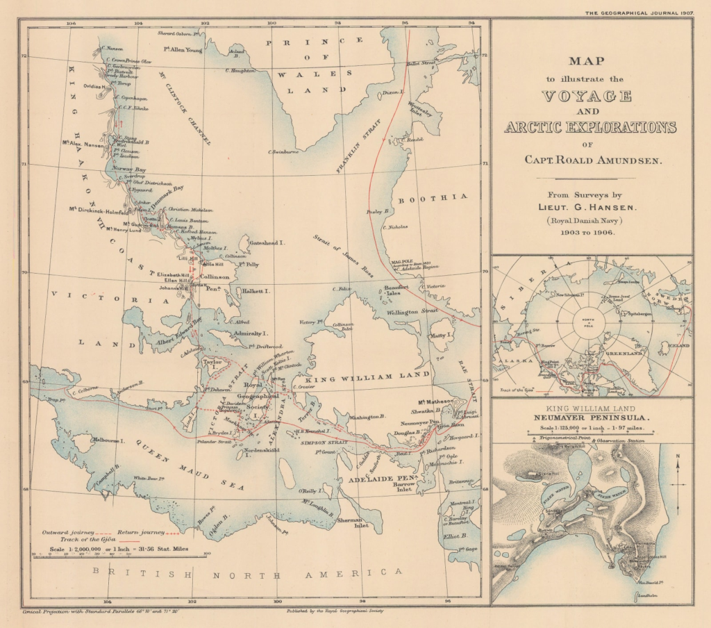 Map of Northwest Passage routes through the Canadian Arctic showing Amundsen and Larsen exploration voyages