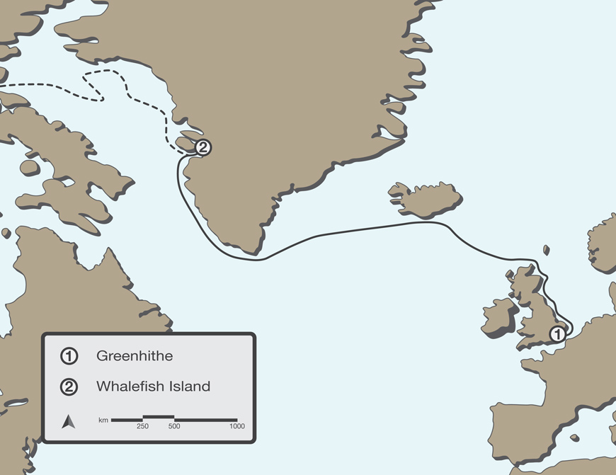 Map showing an early Arctic expedition route from Britain past Greenland toward Whalefish Island